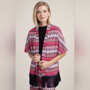 Trina Turk Exquisite Open Short Sleeve Knit Kimono Topper Fringe‎  Size XS